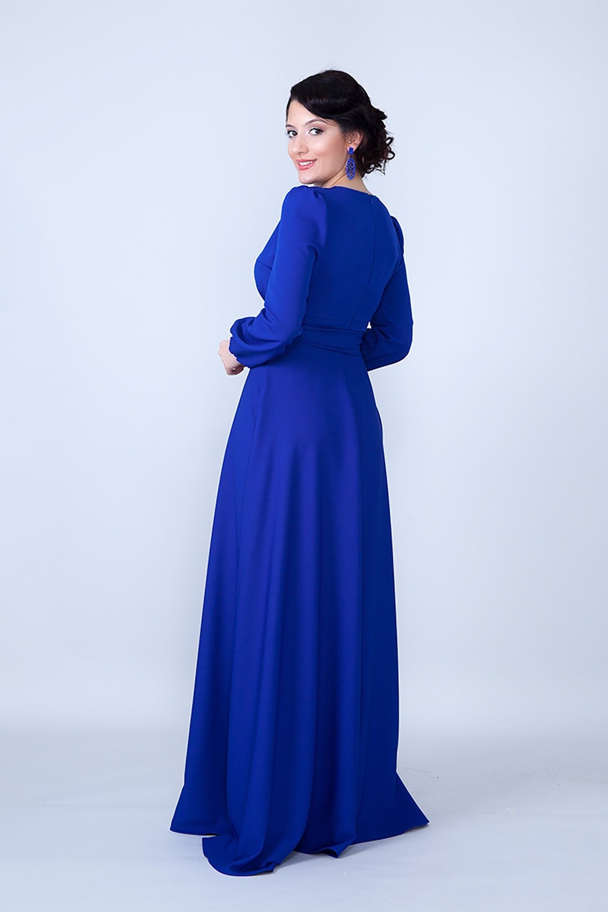 Modest Smocked Waist Belted Evening Dress - Sax Blue - Bidoluelbise