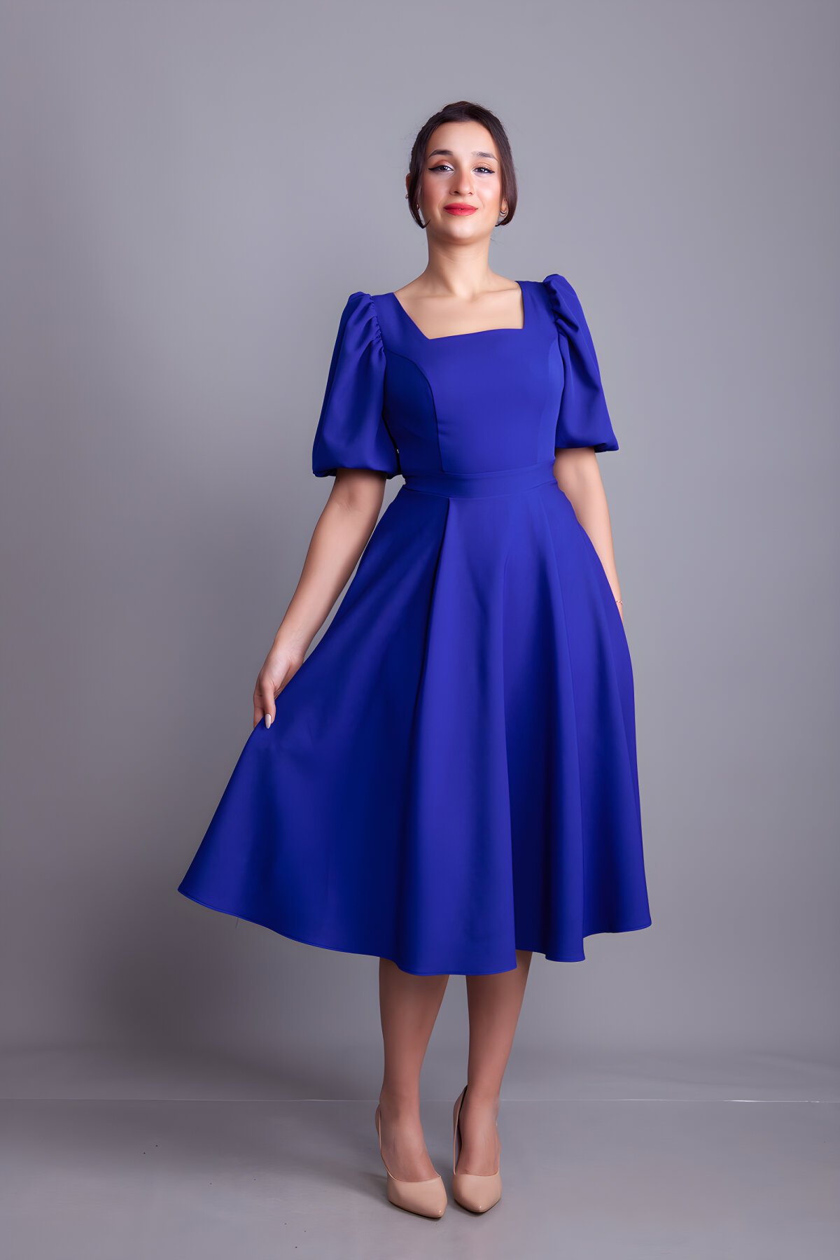 Sax Mavi Midi Kare Yaka Balon Kol Abiye Elbise - Bidoluelbise