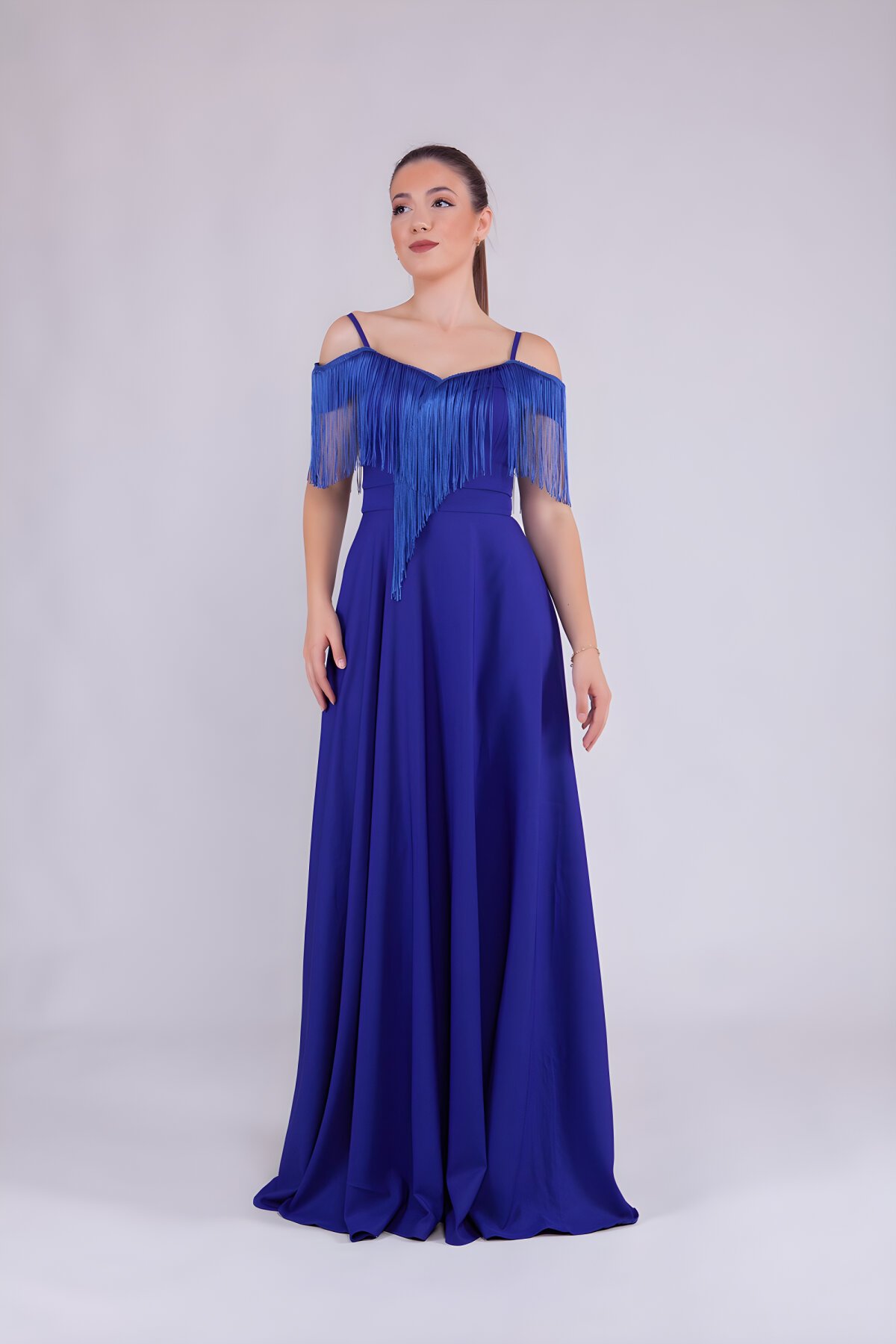 Sax Mavi Uzun Püsküllü Abiye Elbise - Bidoluelbise