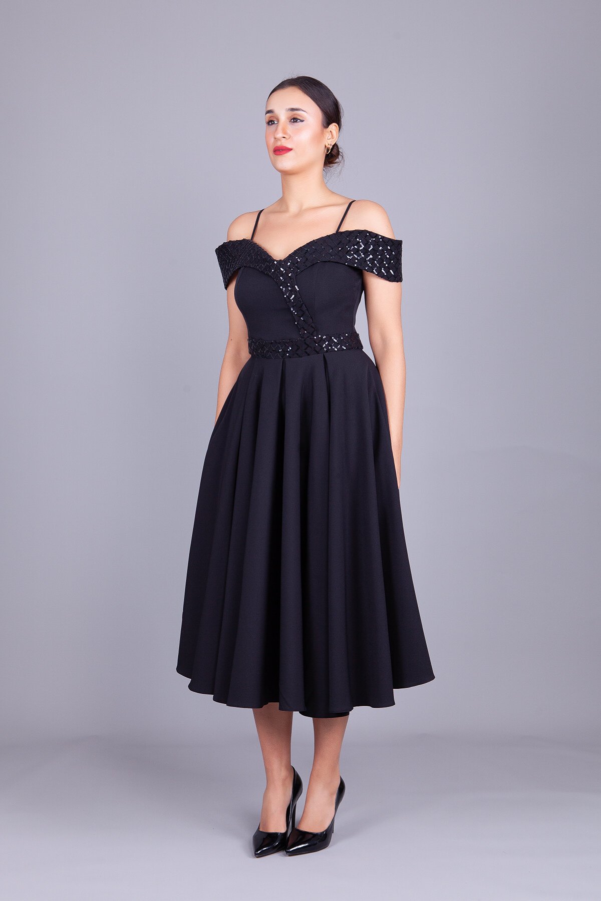Midi Flared Plaid Sequin-Detail Evening Dress - Black - Bidoluelbise