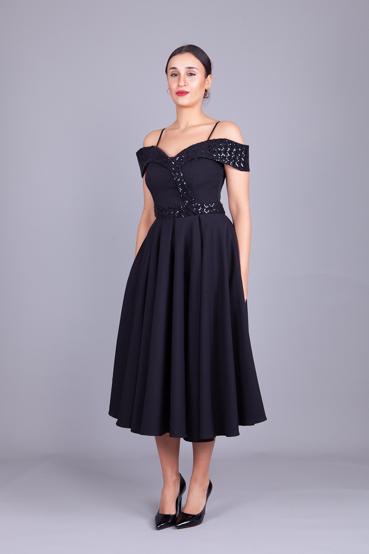 Midi Flared Plaid Sequin-Detail Evening Dress - Black - Bidoluelbise