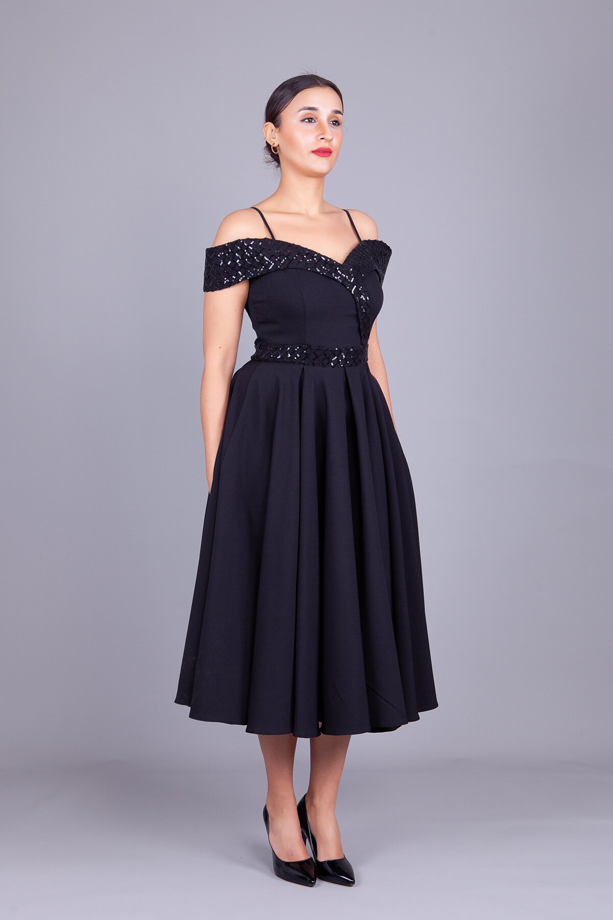Midi Flared Plaid Sequin-Detail Evening Dress - Black - Bidoluelbise