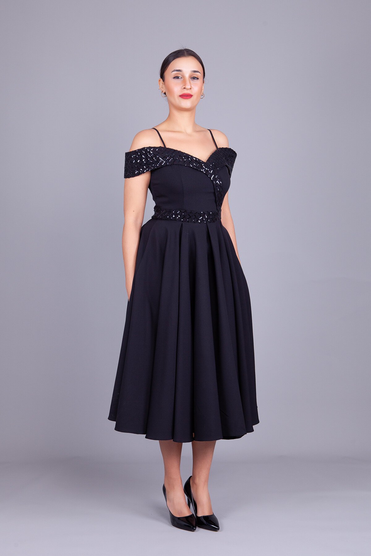 Midi Flared Plaid Sequin-Detail Evening Dress - Black - Bidoluelbise