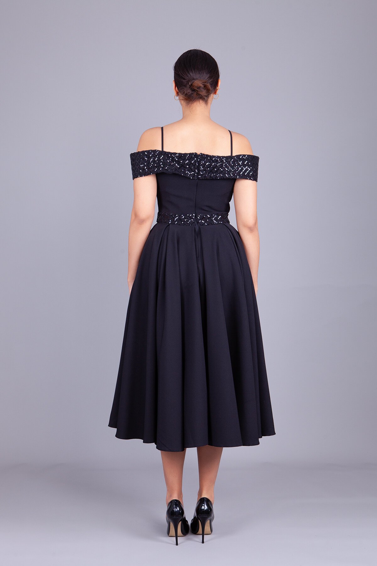 Midi Flared Plaid Sequin-Detail Evening Dress - Black - Bidoluelbise