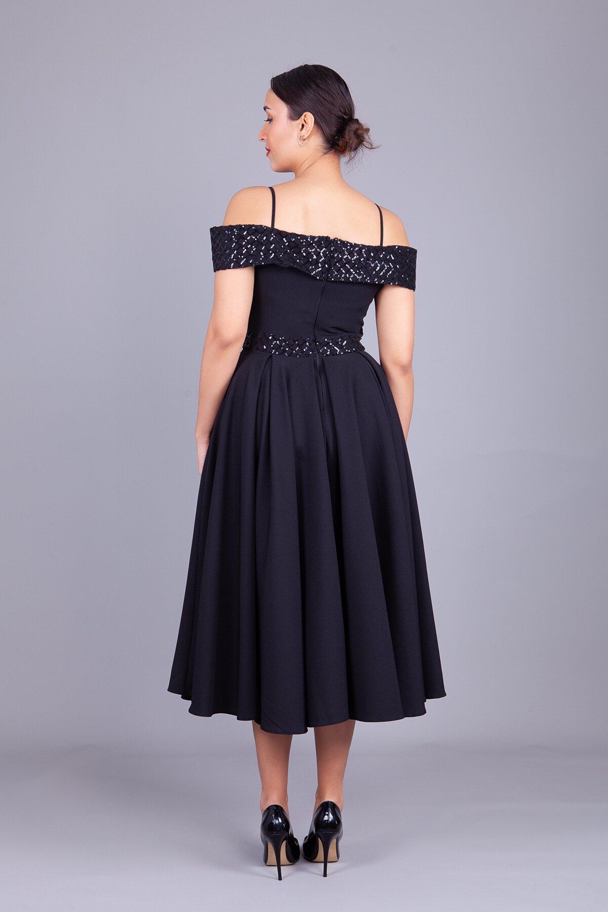 Midi Flared Plaid Sequin-Detail Evening Dress - Black - Bidoluelbise