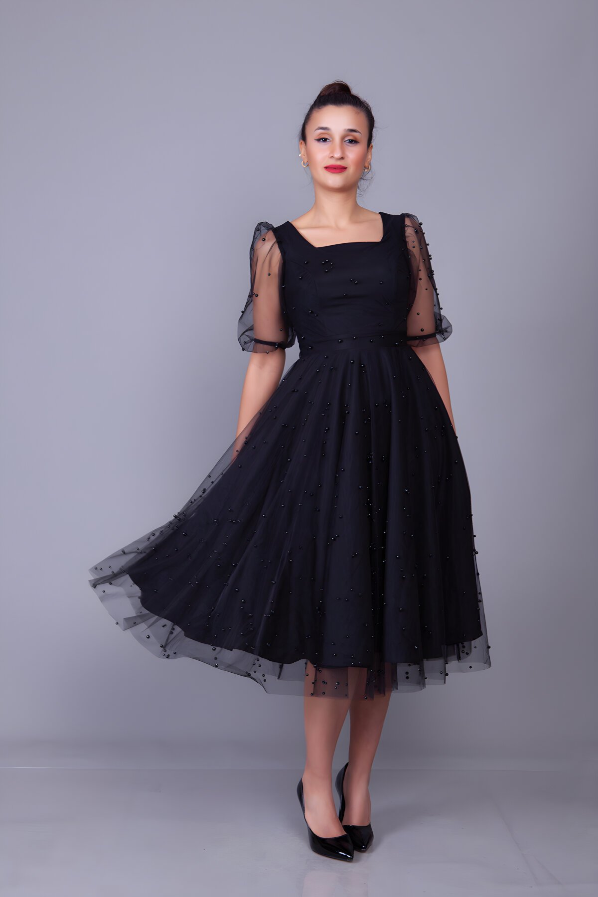 Siyah Midi İnci Tül Kaplamalı Abiye Elbise - Bidoluelbise