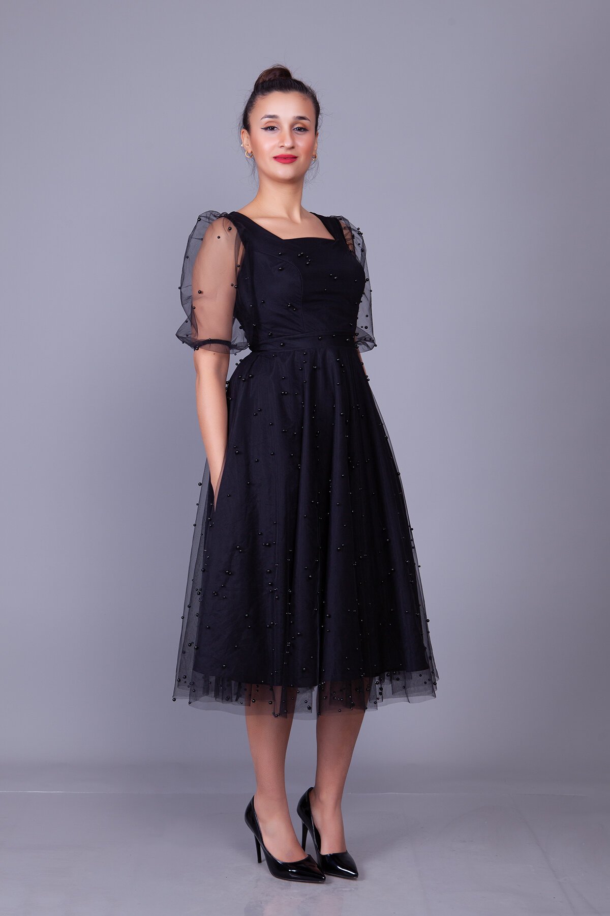 Midi Pearl Tulle Overlay Evening Dress - Black - Bidoluelbise