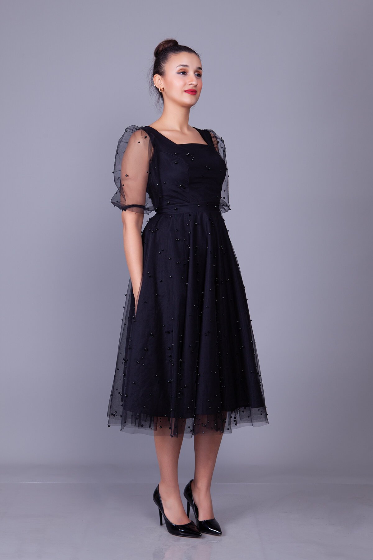 Midi Pearl Tulle Overlay Evening Dress - Black - Bidoluelbise