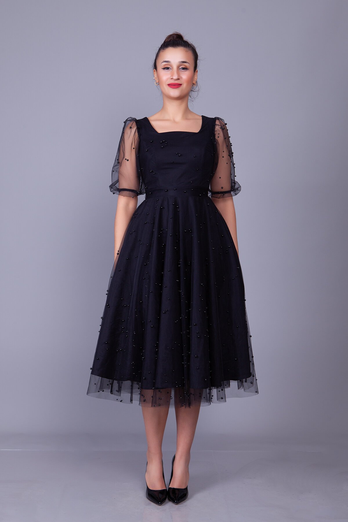 Midi Pearl Tulle Overlay Evening Dress - Black - Bidoluelbise