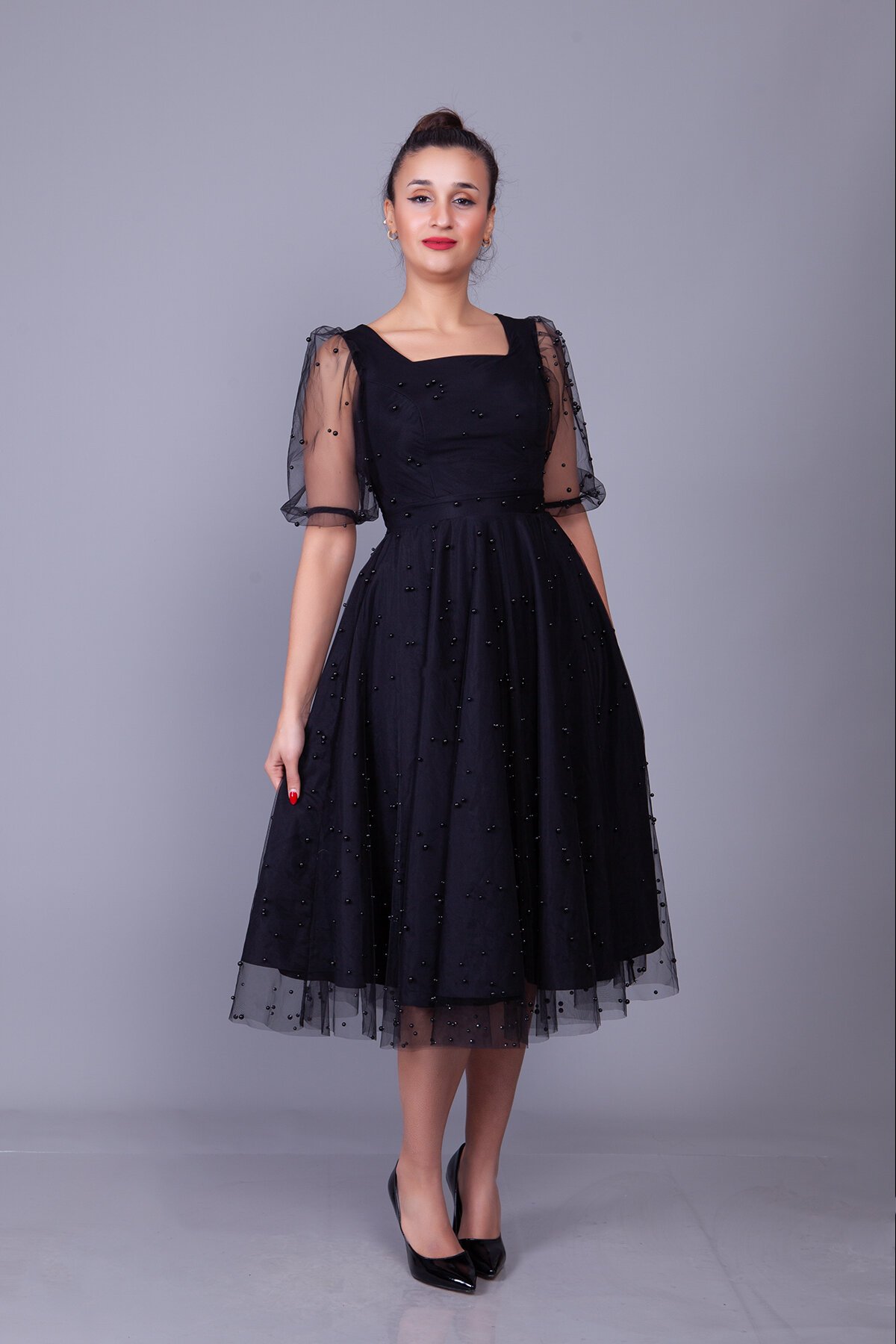 Midi Pearl Tulle Overlay Evening Dress - Black - Bidoluelbise