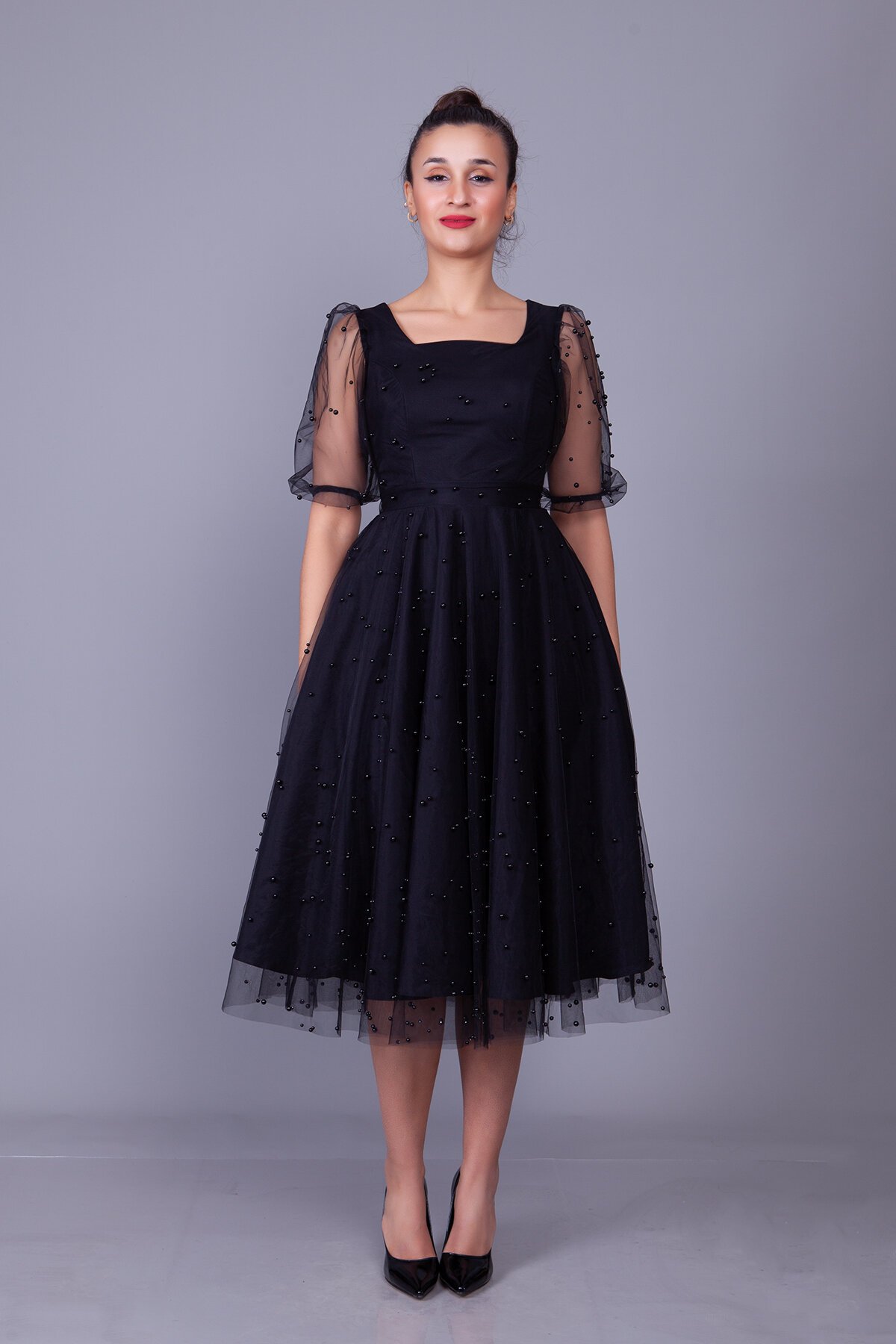 Midi Pearl Tulle Overlay Evening Dress - Black - Bidoluelbise