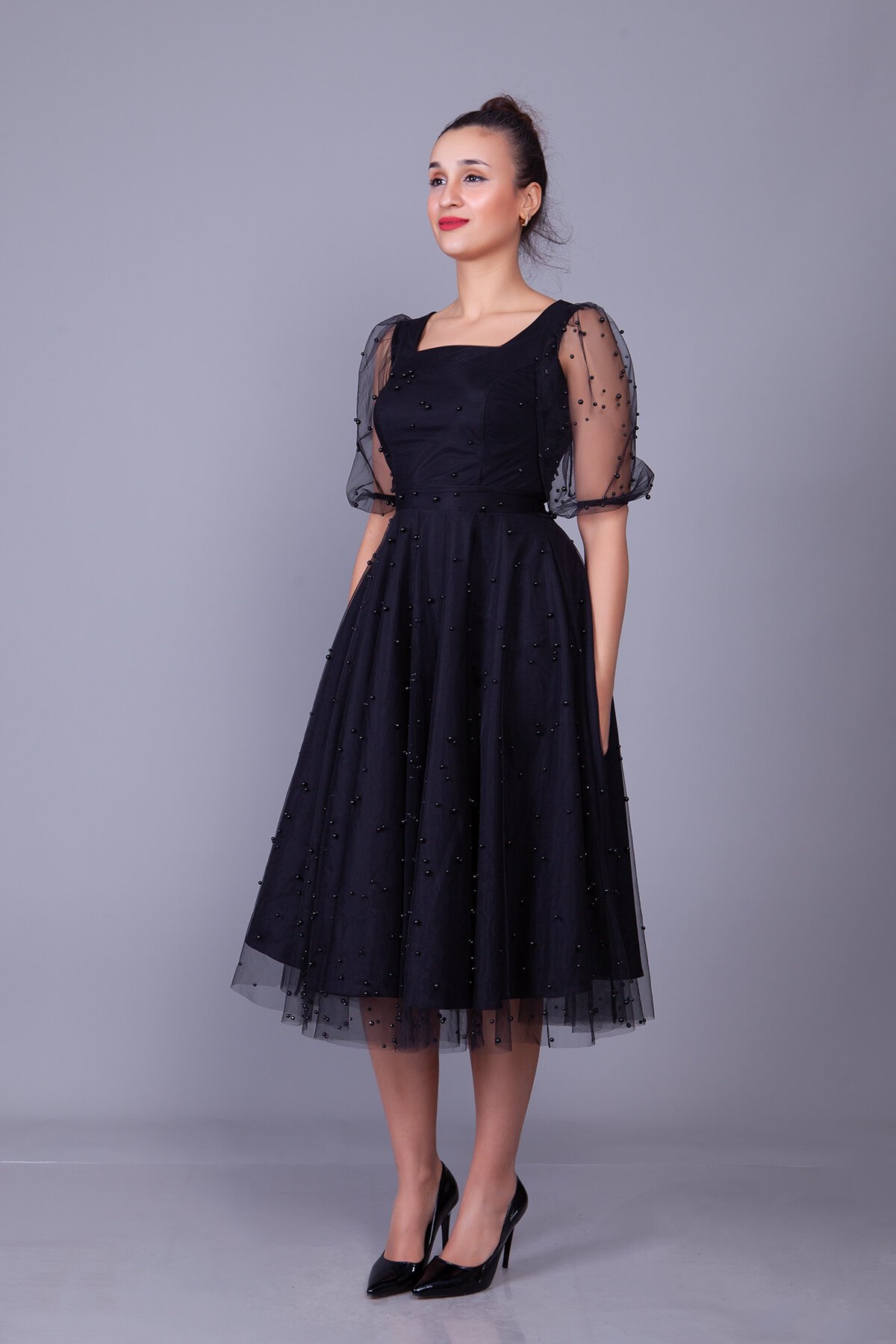 Midi Pearl Tulle Overlay Evening Dress - Black - Bidoluelbise