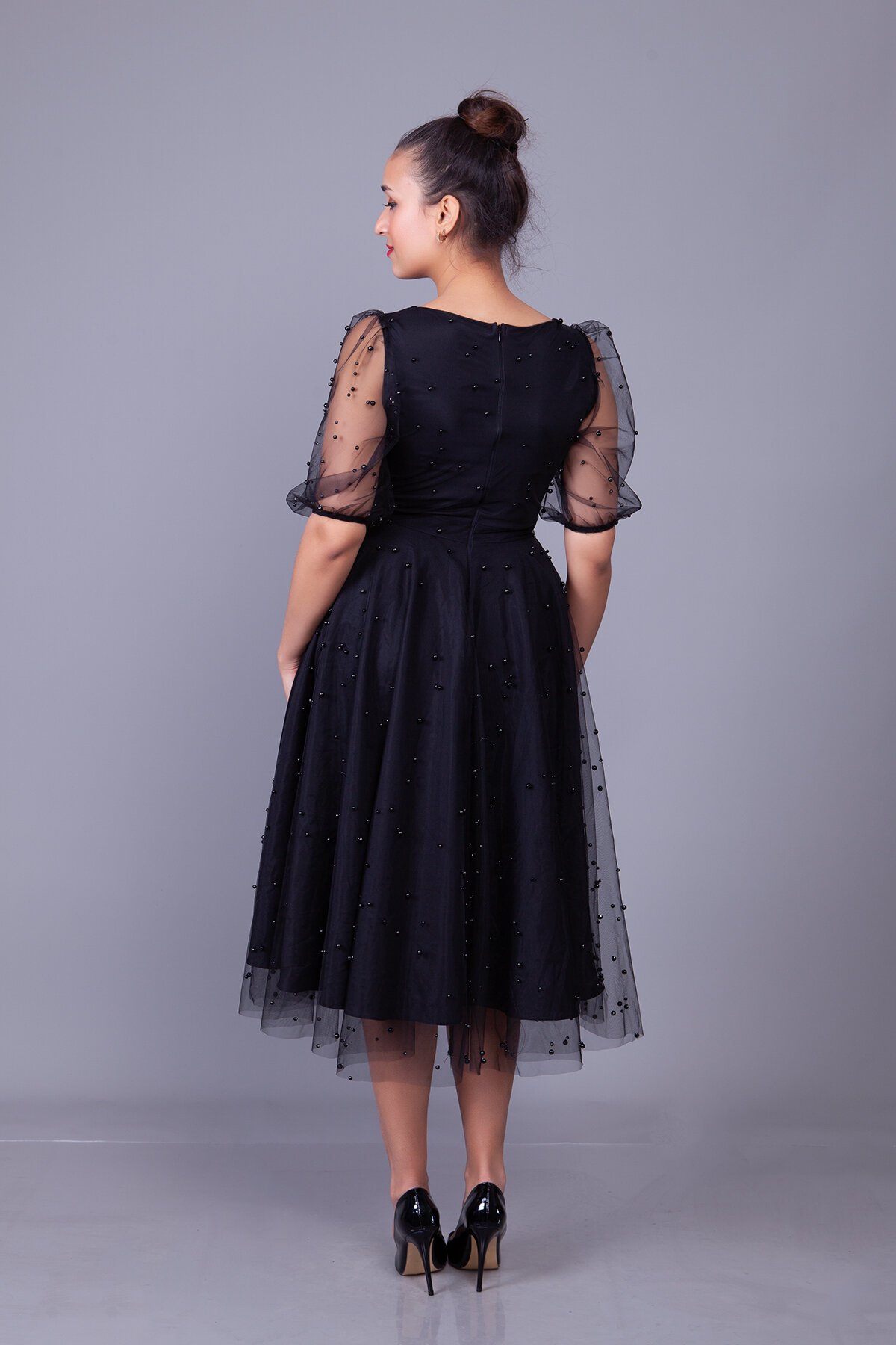 Midi Pearl Tulle Overlay Evening Dress - Black - Bidoluelbise