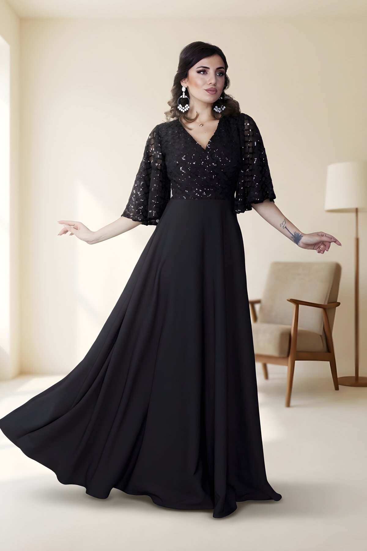 Siyah Uzun Kruvaze Yaka Yarasa Kol Payet Detaylı Abiye Elbise - Bidoluelbise