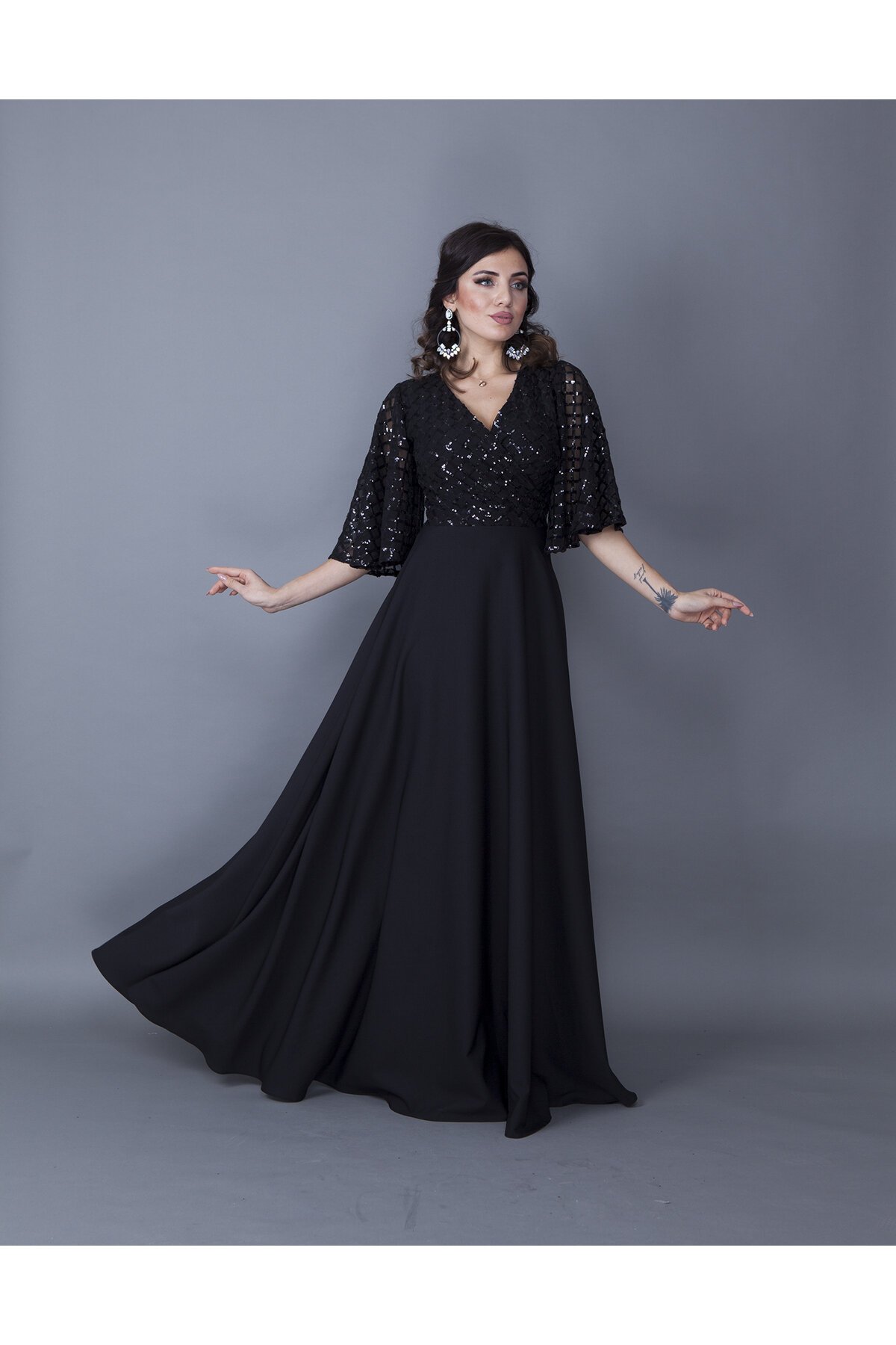 Long Double-Breasted Sequin Batwing Sleeve Evening Dress - Black - Bidoluelbise