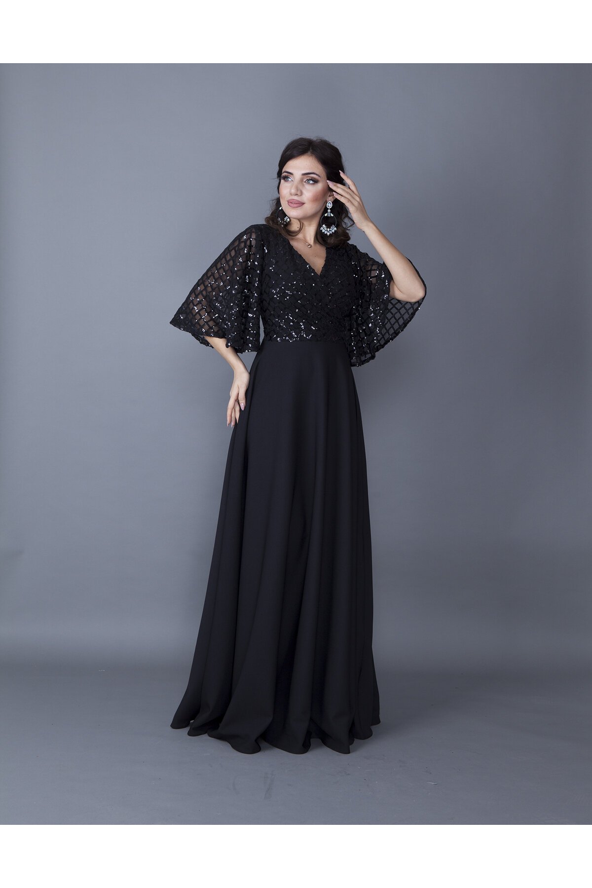 Long Double-Breasted Sequin Batwing Sleeve Evening Dress - Black - Bidoluelbise