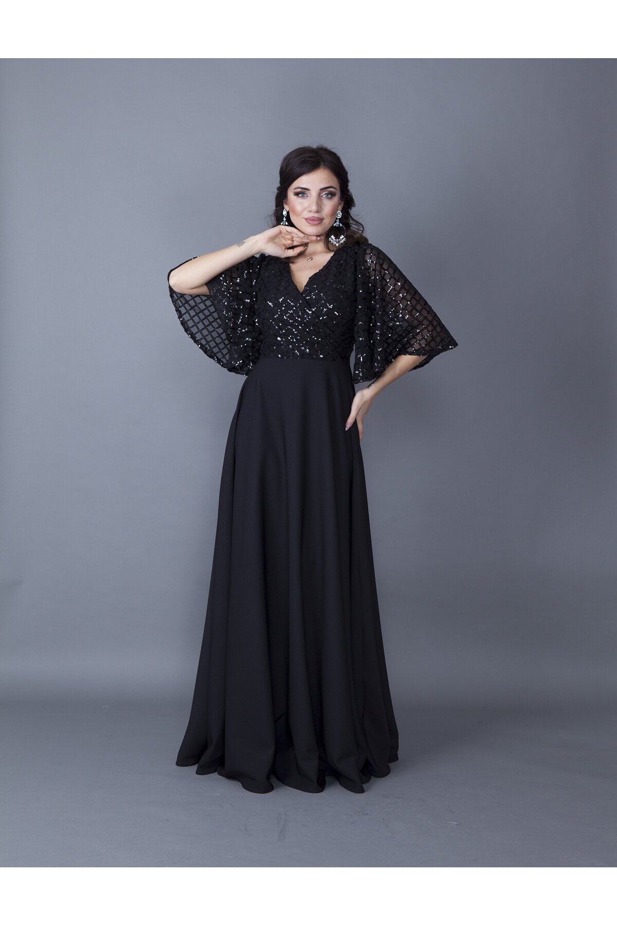 Long Double-Breasted Sequin Batwing Sleeve Evening Dress - Black - Bidoluelbise