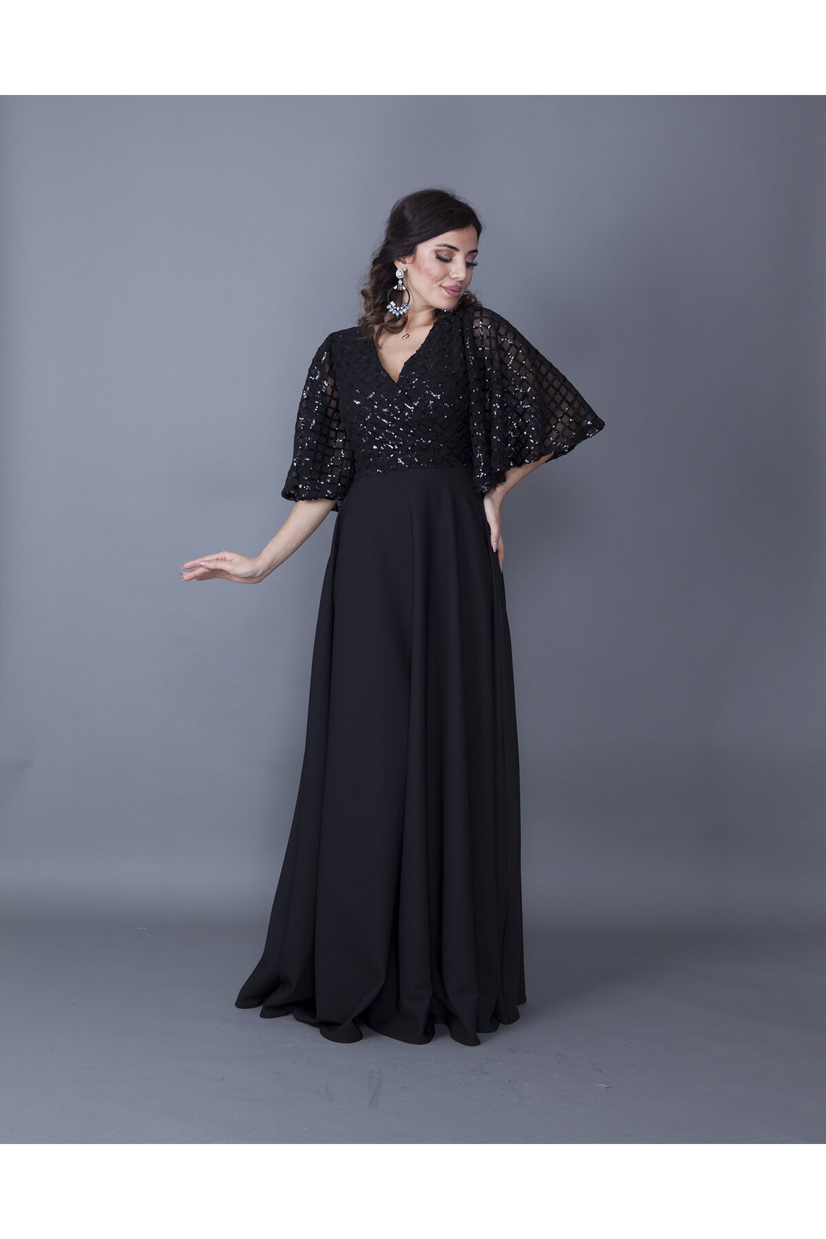 Long Double-Breasted Sequin Batwing Sleeve Evening Dress - Black - Bidoluelbise