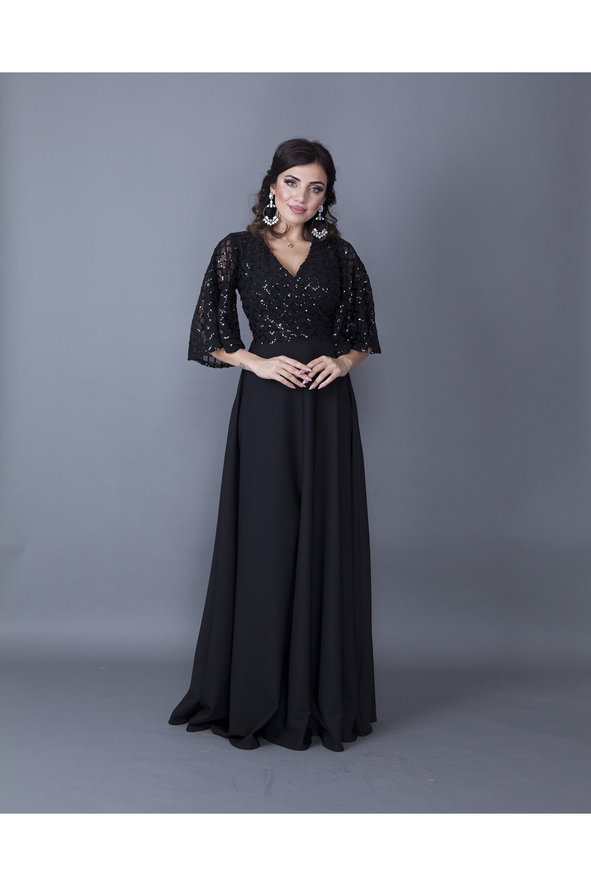 Long Double-Breasted Sequin Batwing Sleeve Evening Dress - Black - Bidoluelbise