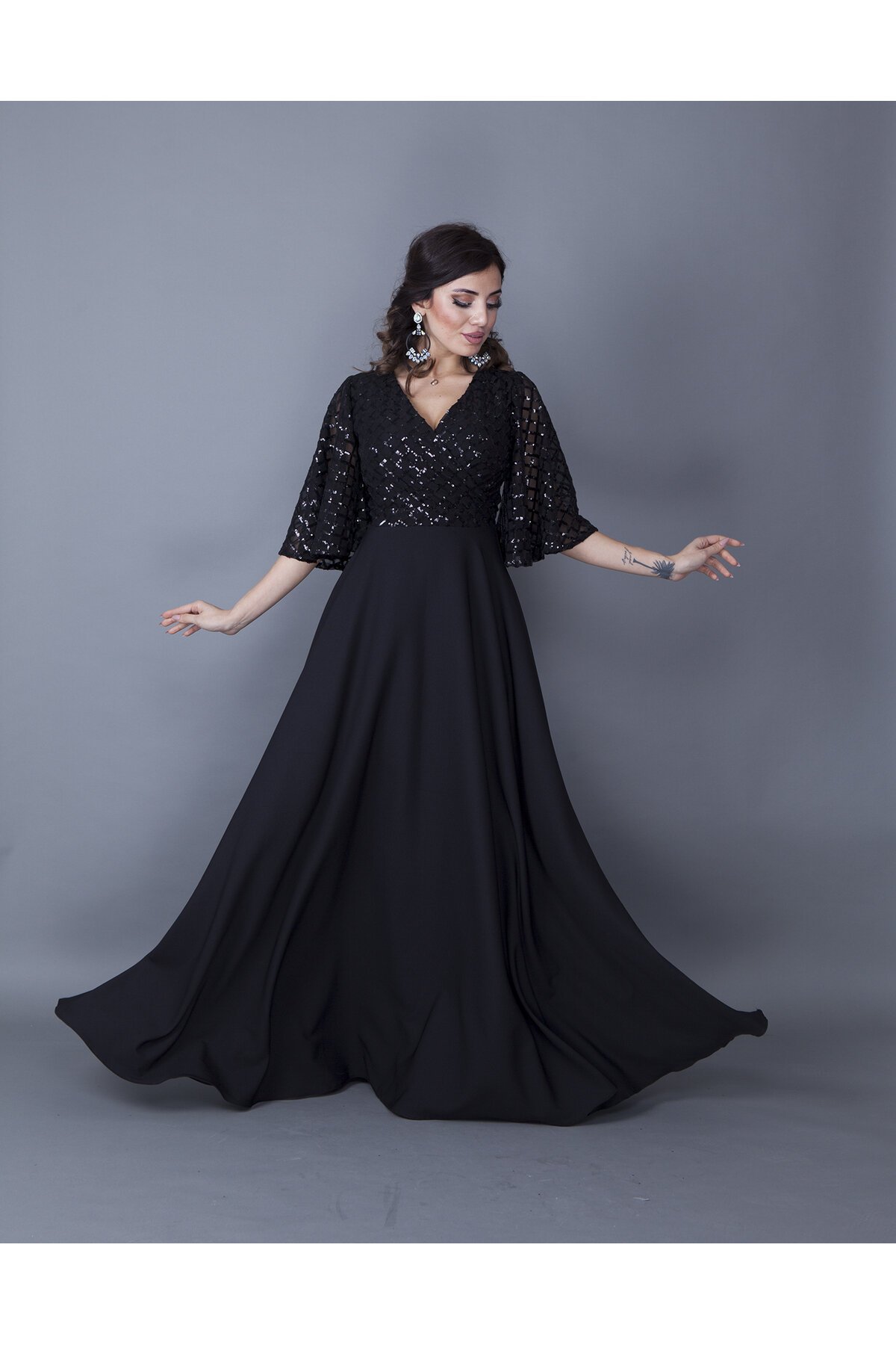 Long Double-Breasted Sequin Batwing Sleeve Evening Dress - Black - Bidoluelbise