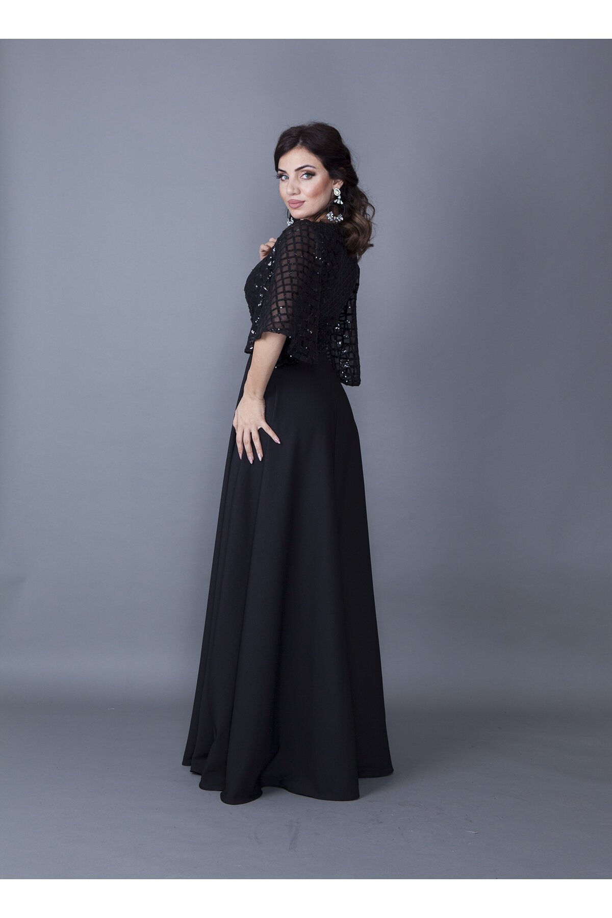 Long Double-Breasted Sequin Batwing Sleeve Evening Dress - Black - Bidoluelbise
