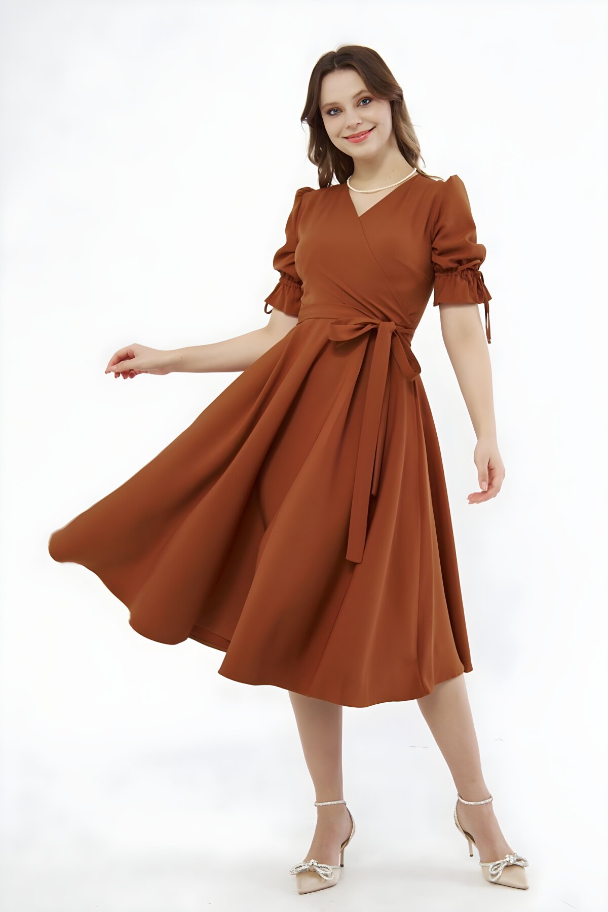 Midi Surplice Neck Belted Dress - Cinnamon - Bidoluelbise