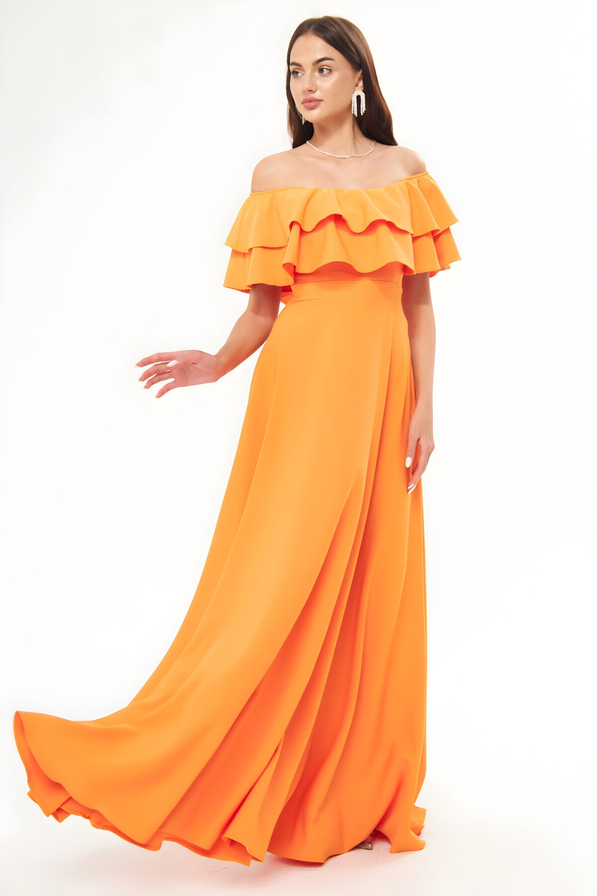 Turuncu Uzun Kloş Düşük Omuz Çift Kat Fırfır Detaylı Abiye Elbise - Bidoluelbise