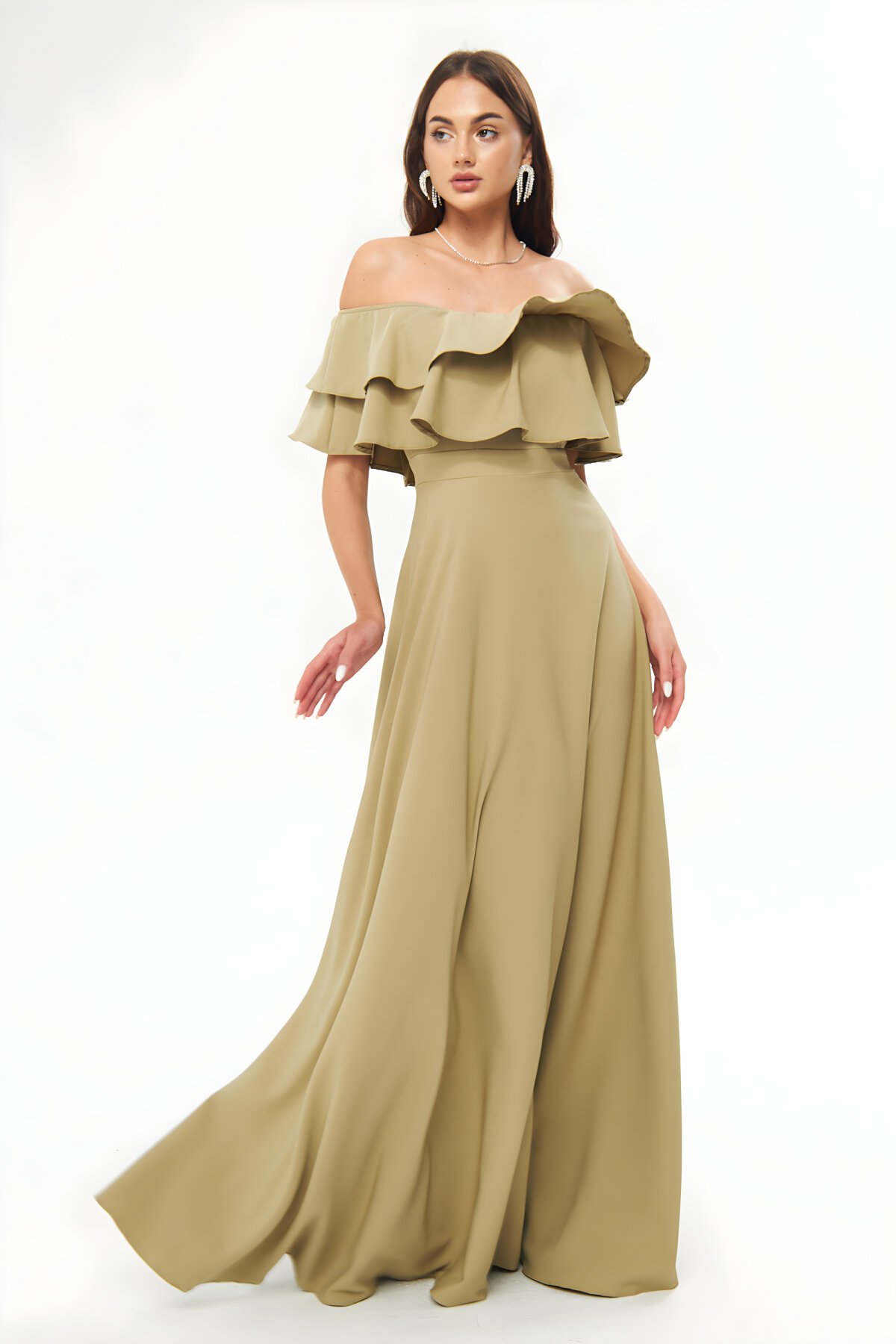 Yağ Yeşili Uzun Kloş Düşük Omuz Fırfır Detaylı Abiye Elbise - Bidoluelbise