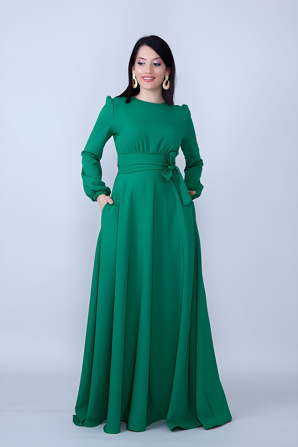 Modest Ruched Belted Evening Dress - Green - Bidoluelbise
