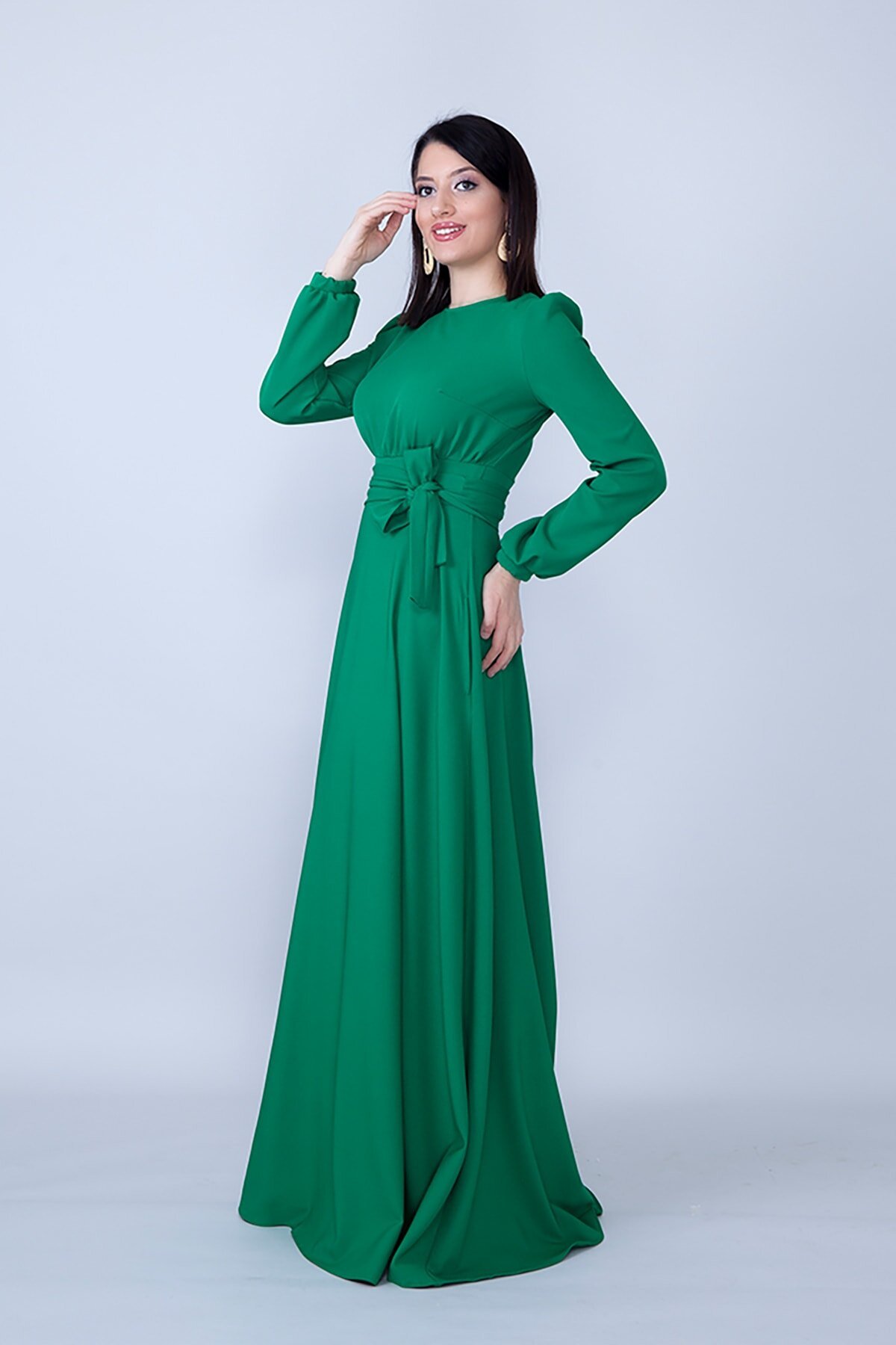 Modest Ruched Belted Evening Dress - Green - Bidoluelbise