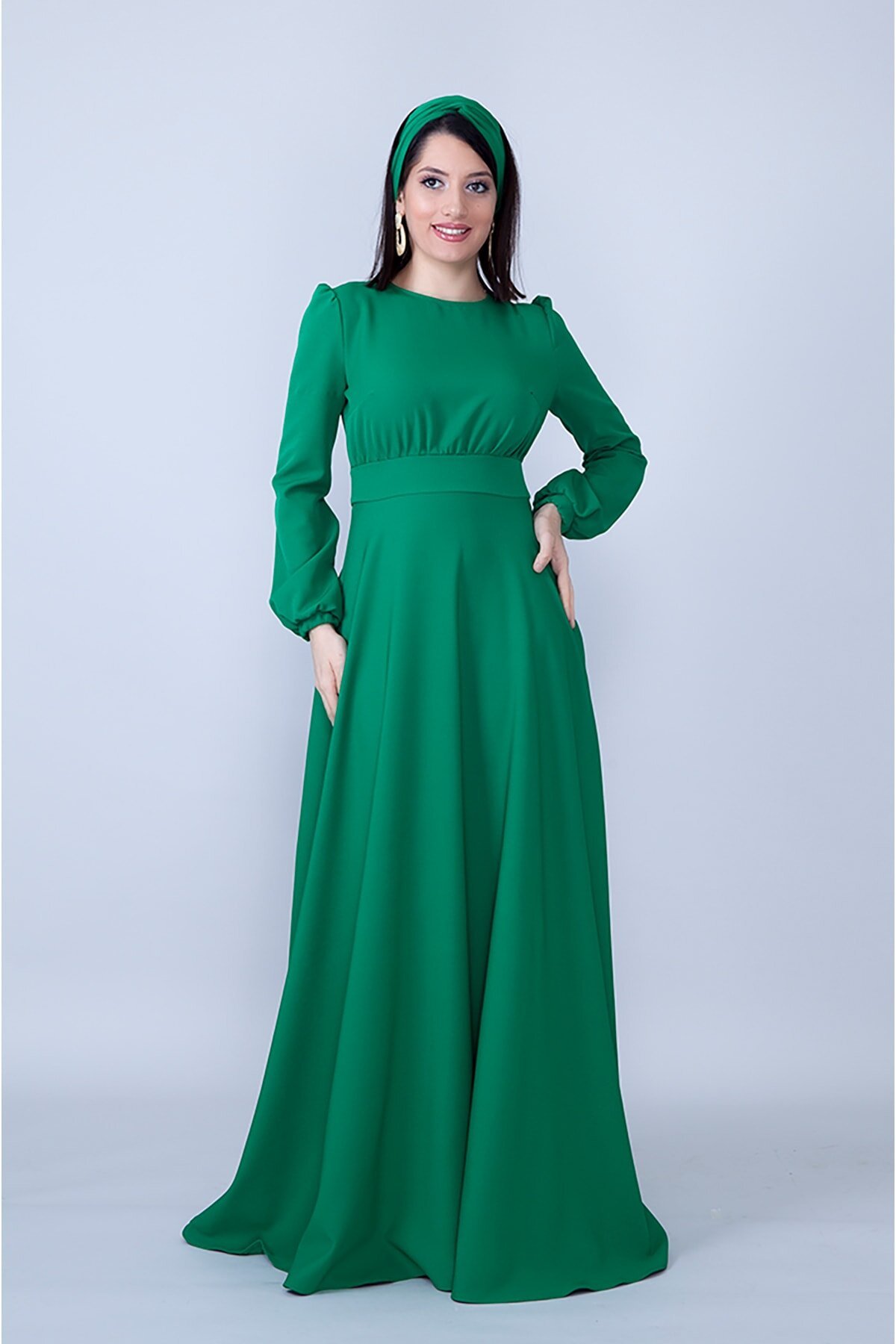 Modest Ruched Belted Evening Dress - Green - Bidoluelbise