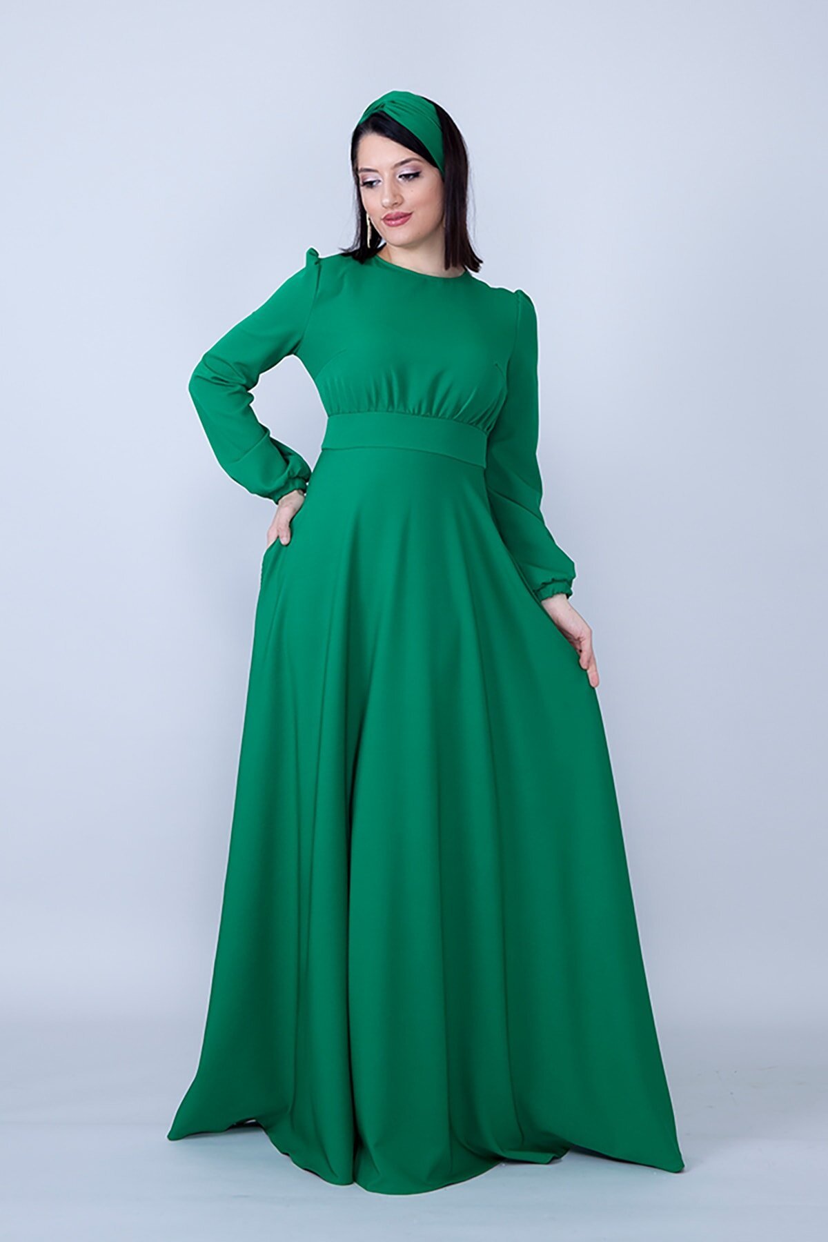 Modest Ruched Belted Evening Dress - Green - Bidoluelbise