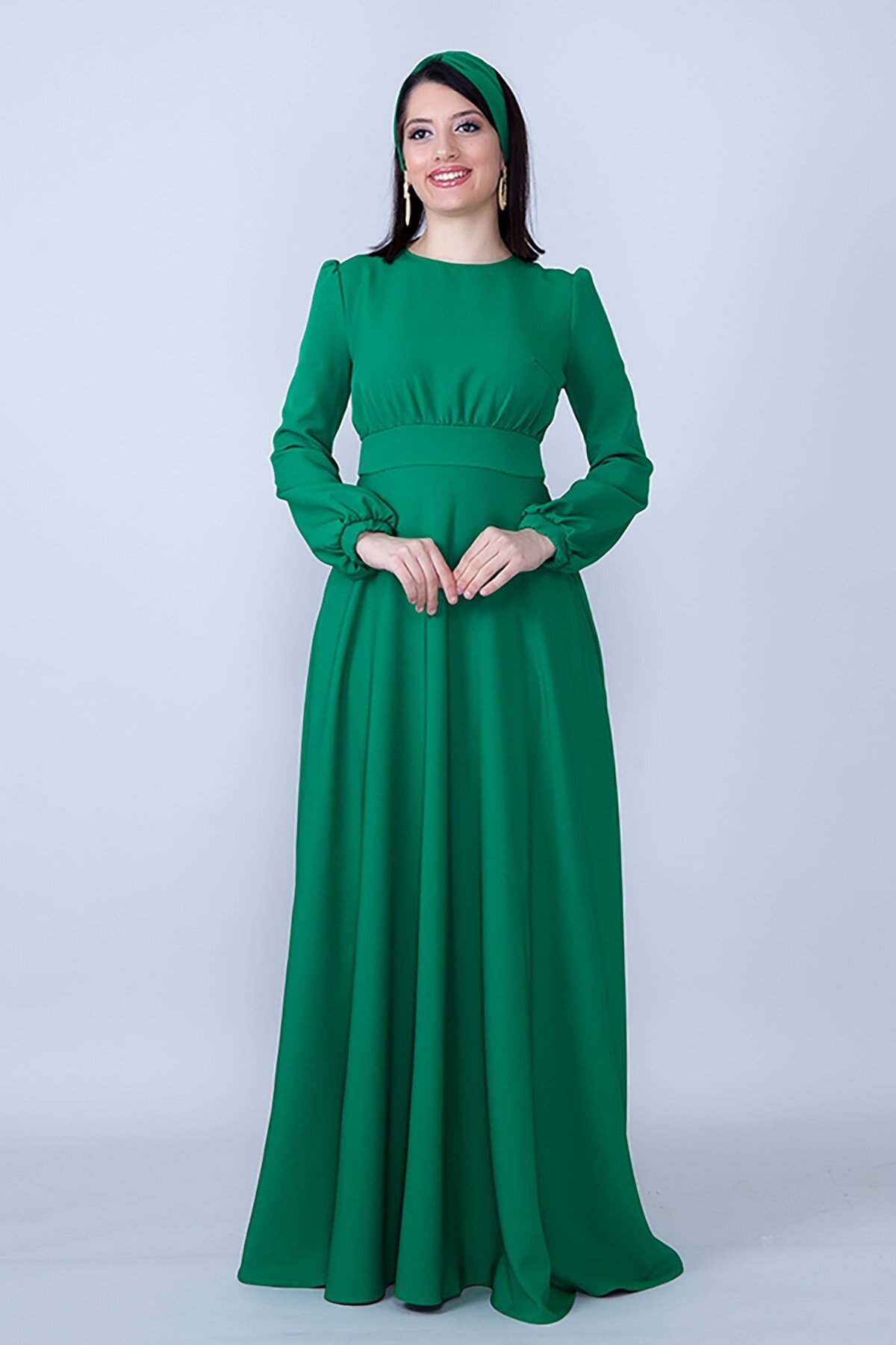 Modest Ruched Belted Evening Dress - Green - Bidoluelbise