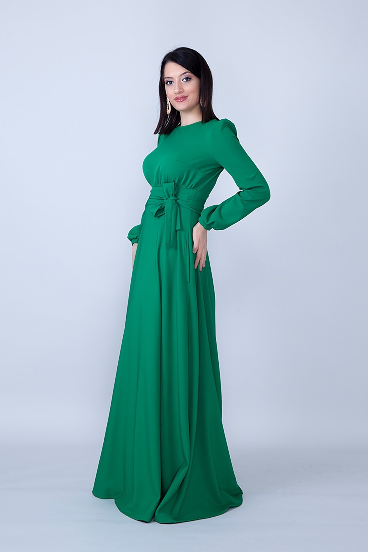 Modest Ruched Belted Evening Dress - Green - Bidoluelbise