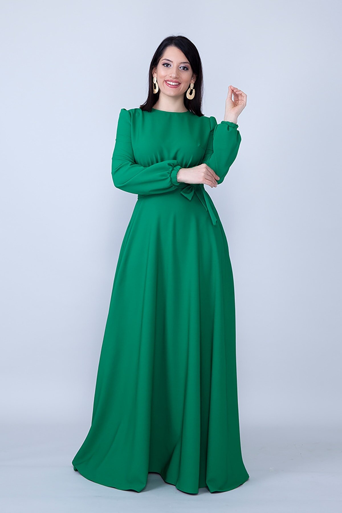 Modest Ruched Belted Evening Dress - Green - Bidoluelbise