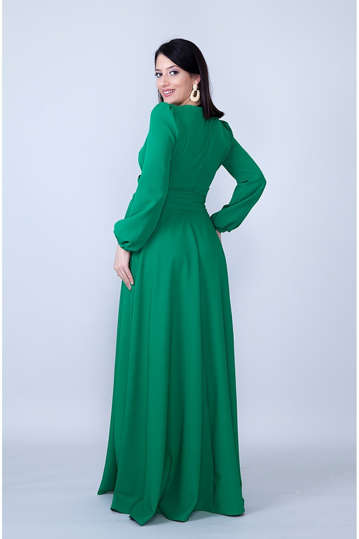 Modest Ruched Belted Evening Dress - Green - Bidoluelbise