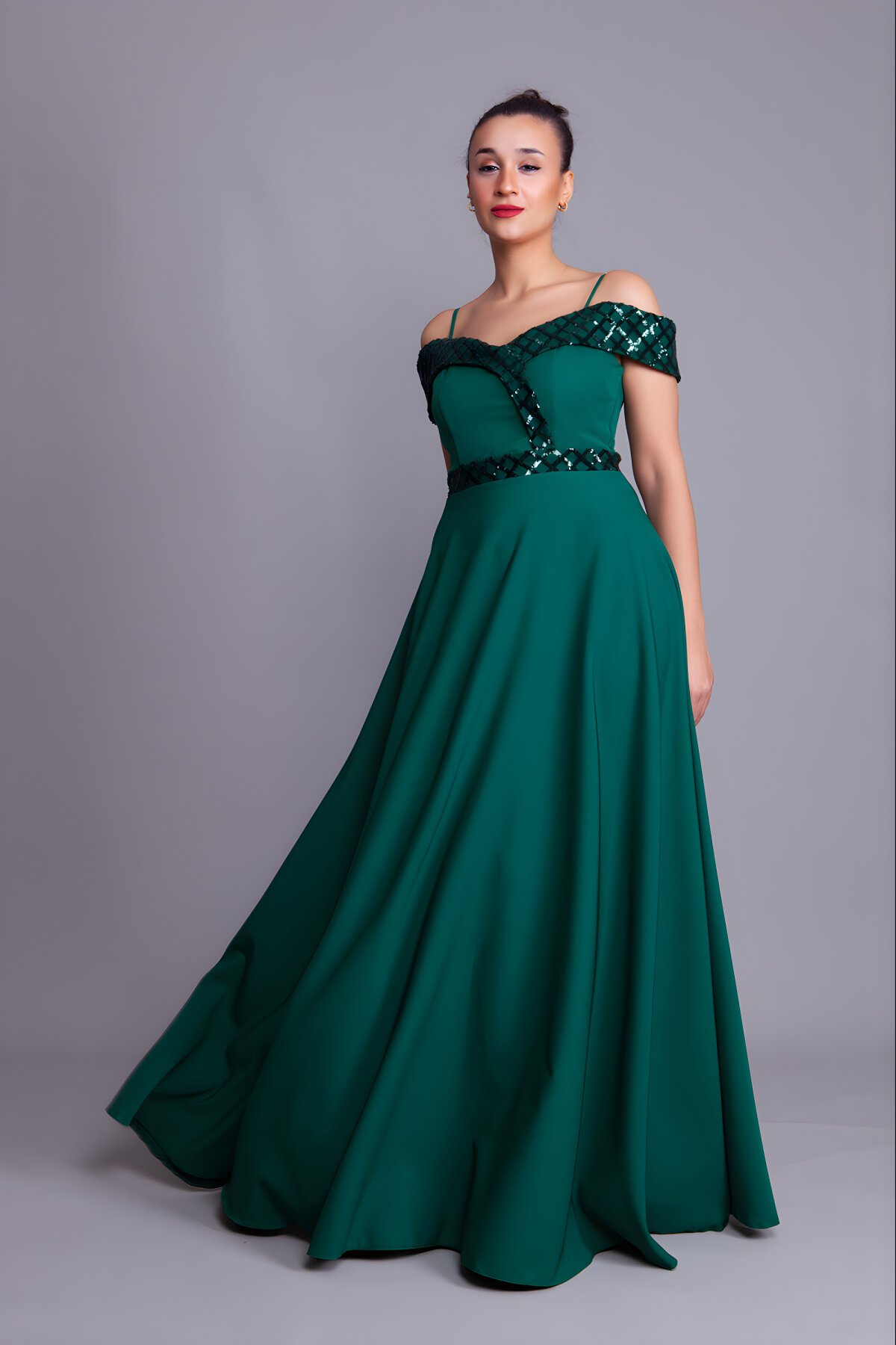 Long Flared Checked Sequin Evening Dress - Emerald - Bidoluelbise
