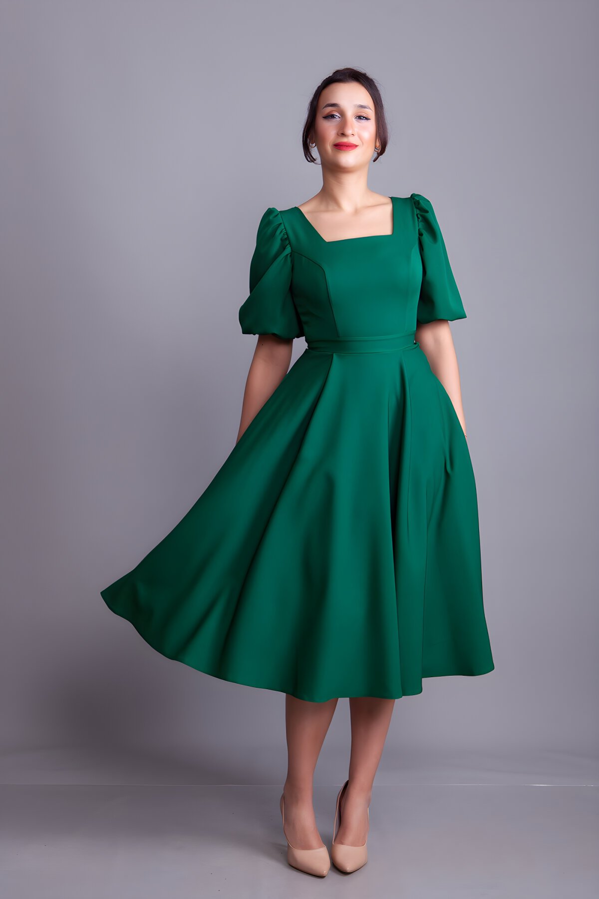 Zümrüt Midi Kare Yaka Balon Kol Abiye Elbise - Bidoluelbise