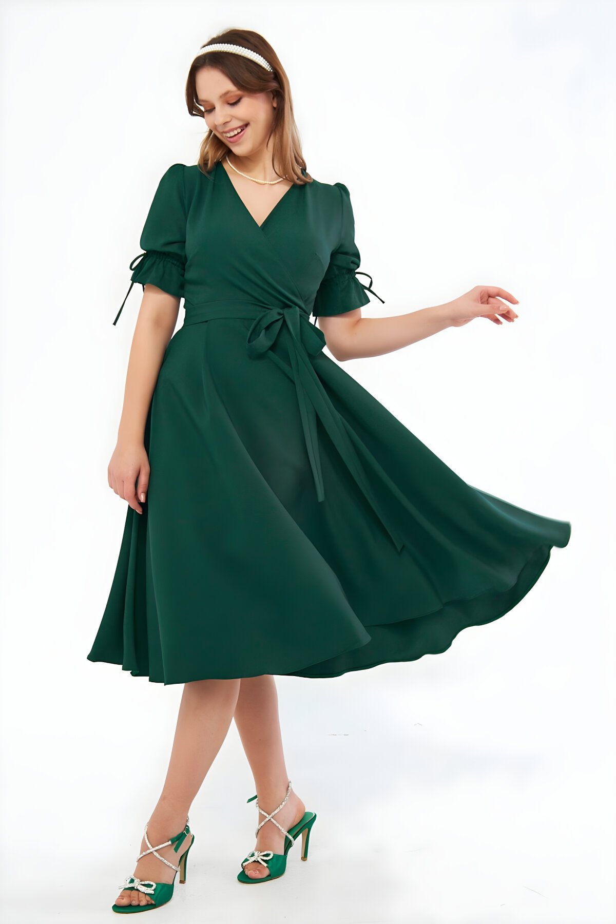 Midi Surplice Neck Ruched Belted Dress - Emerald - Bidoluelbise