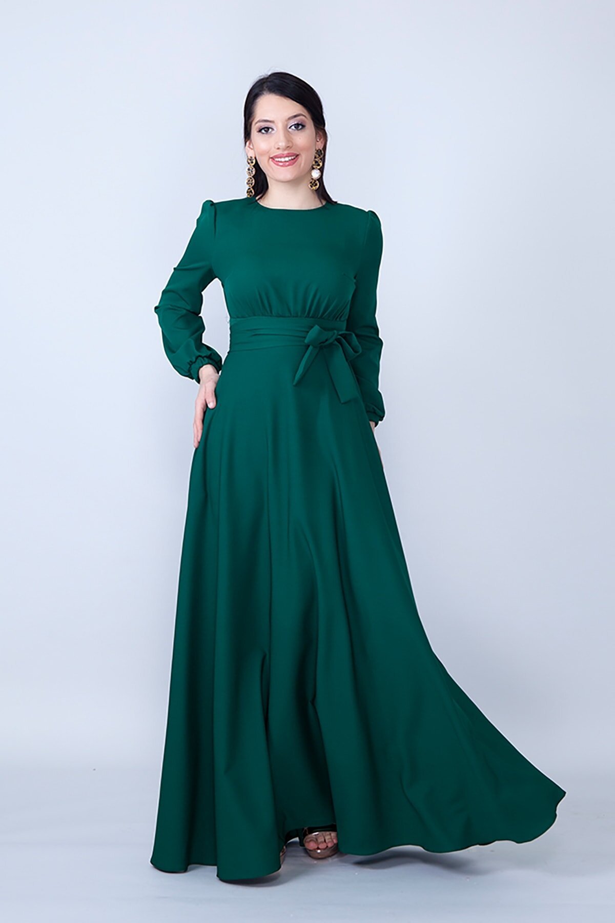 Long-Sleeve Modest Belted Gathered-Waist Evening Dress - Emerald - Bidoluelbise