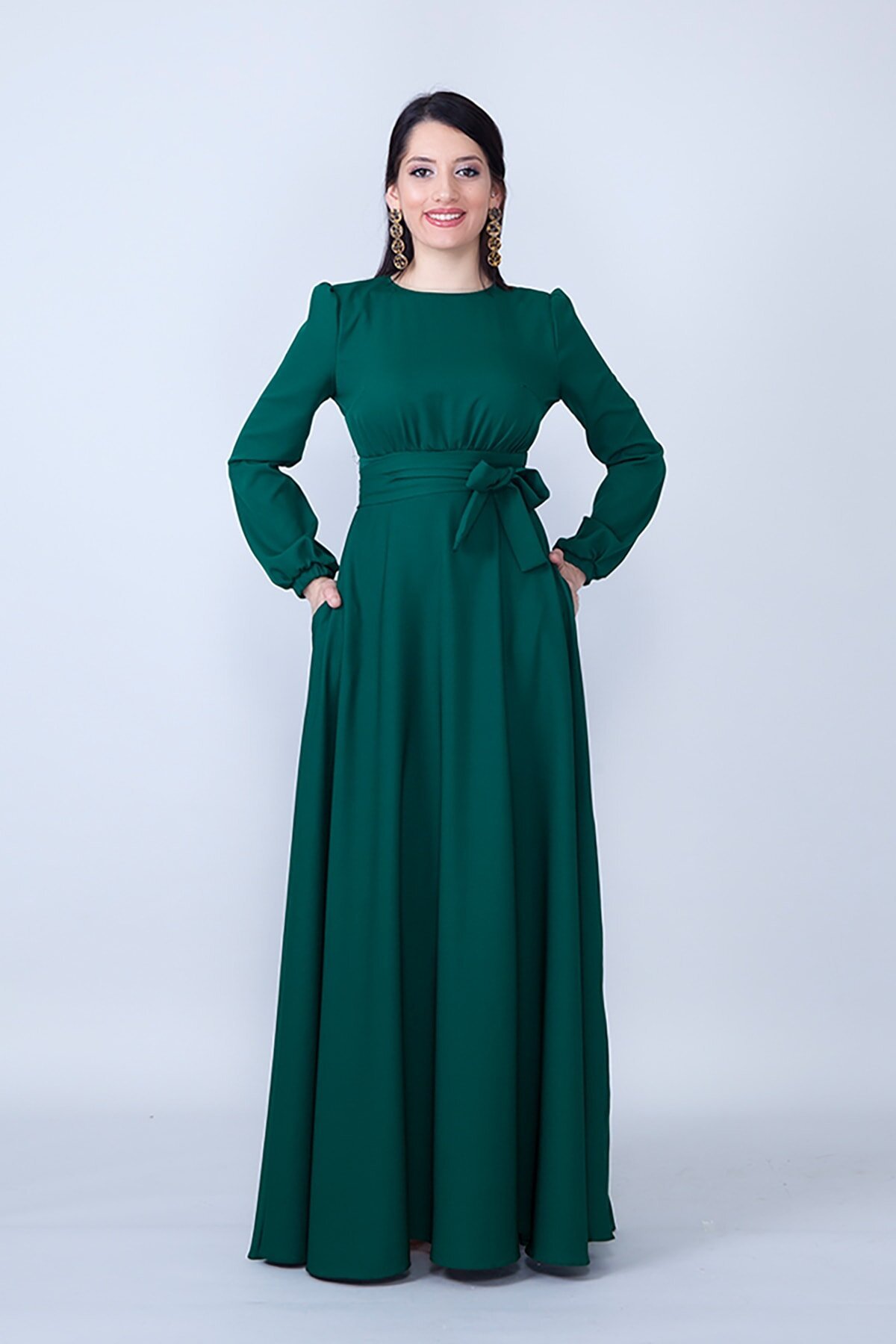 Long-Sleeve Modest Belted Gathered-Waist Evening Dress - Emerald - Bidoluelbise