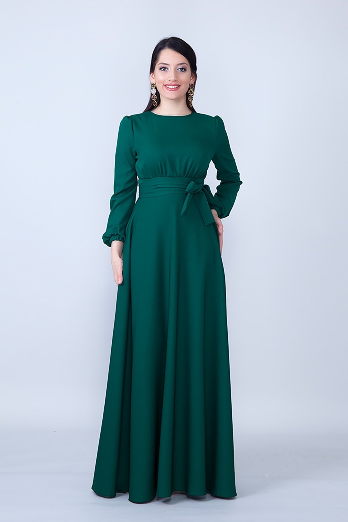 Long-Sleeve Modest Belted Gathered-Waist Evening Dress - Emerald - Bidoluelbise