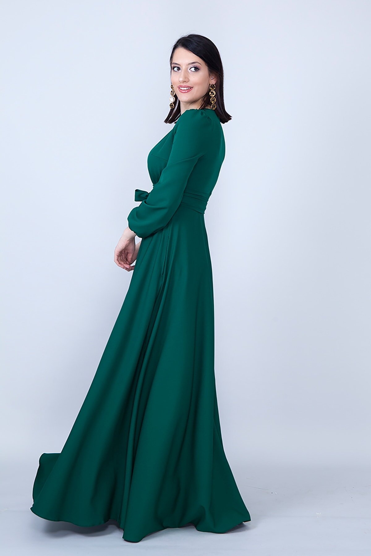 Long-Sleeve Modest Belted Gathered-Waist Evening Dress - Emerald - Bidoluelbise