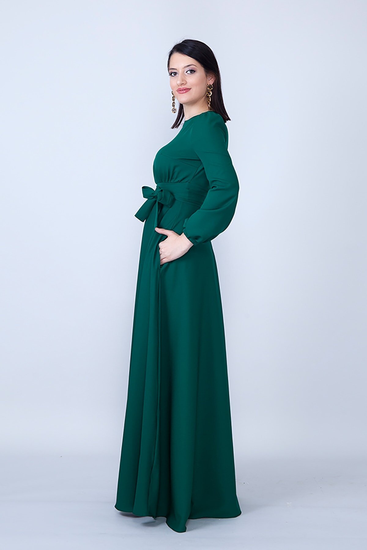 Long-Sleeve Modest Belted Gathered-Waist Evening Dress - Emerald - Bidoluelbise