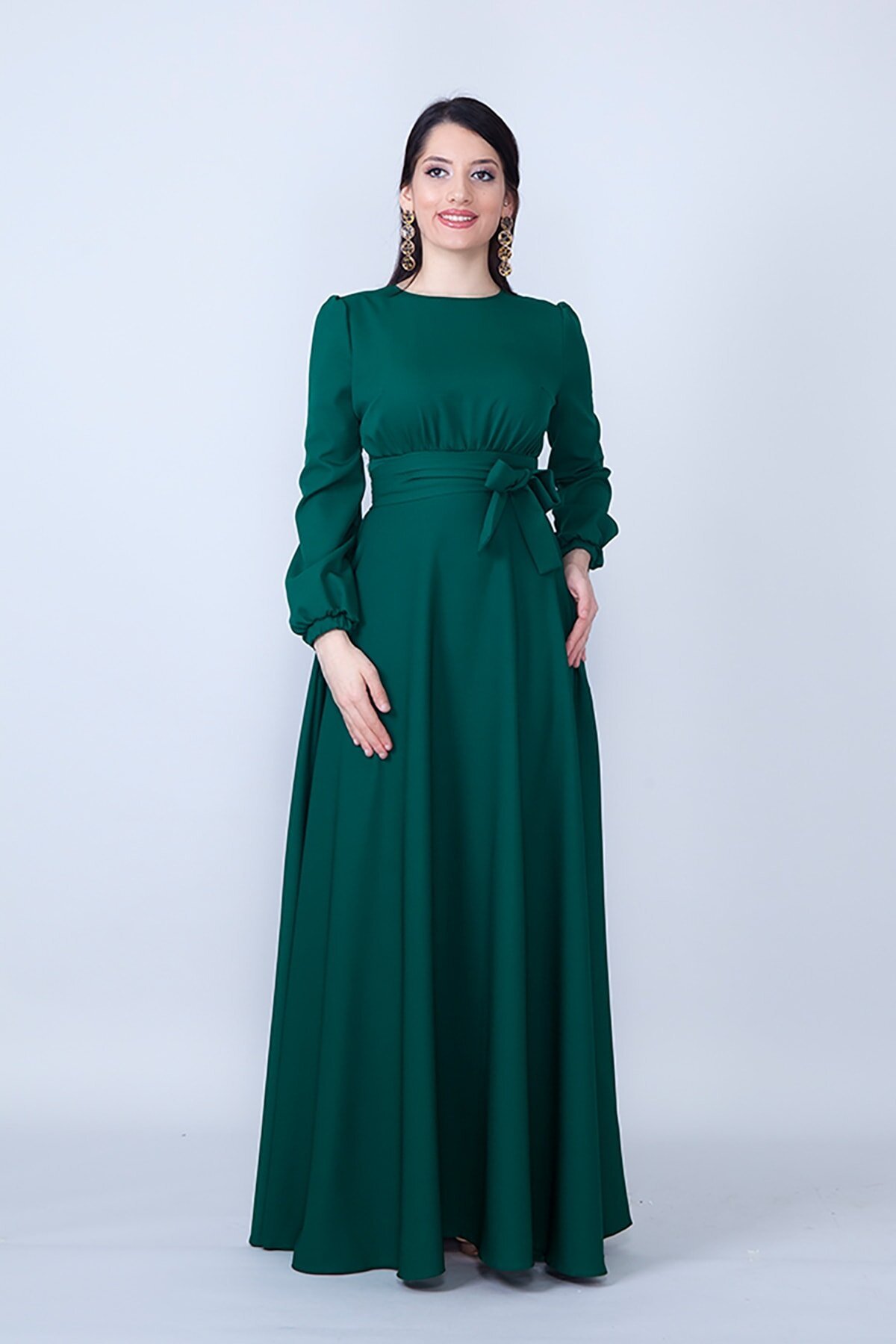 Long-Sleeve Modest Belted Gathered-Waist Evening Dress - Emerald - Bidoluelbise