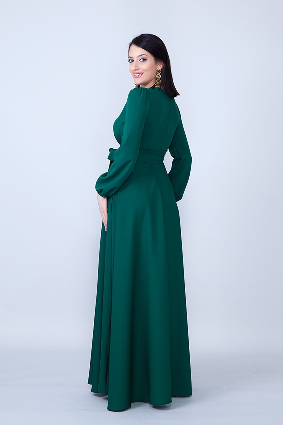 Long-Sleeve Modest Belted Gathered-Waist Evening Dress - Emerald - Bidoluelbise