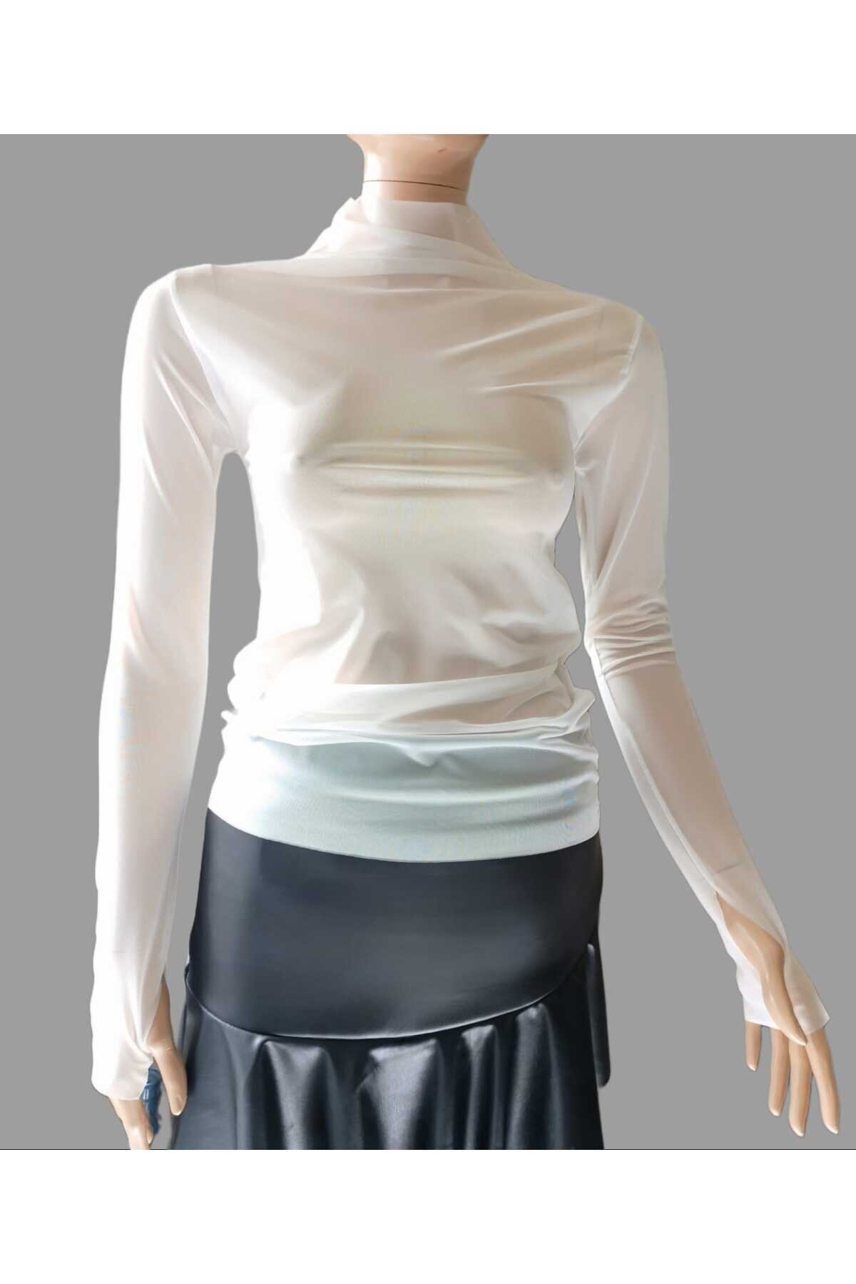 Beyaz Bodycon Balıkçı Yaka Parmak Geçmeli Likralı Tüllü Bluz - Charango