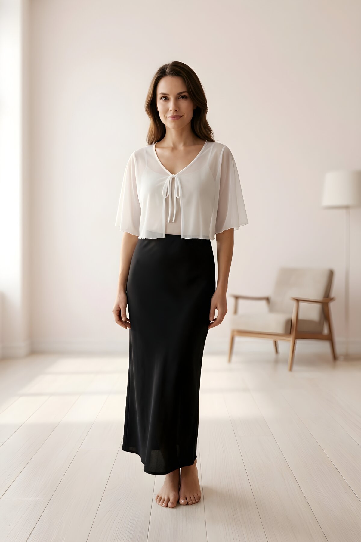 Beyaz Tül Pelerin Bağlama Detaylı Bolero Bluz - Charango