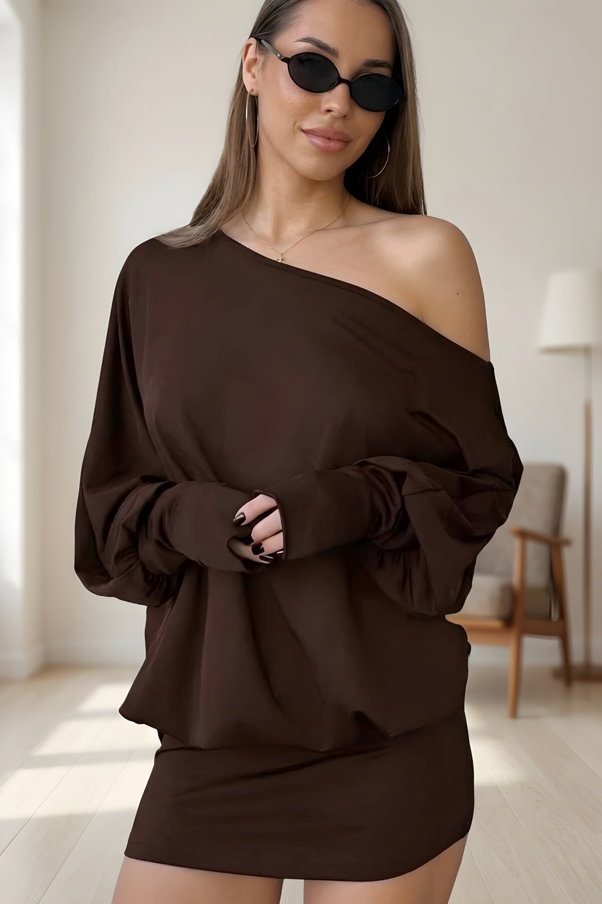 Relaxed Asymmetric Drop Shoulder Dress - Brown - Charango