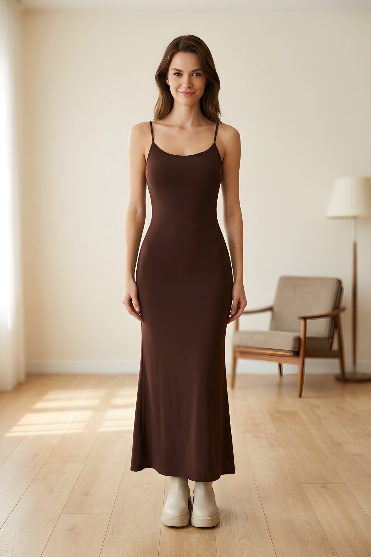 Kahverengi Esnek Sandy Uzun Askılı Elbise - Charango